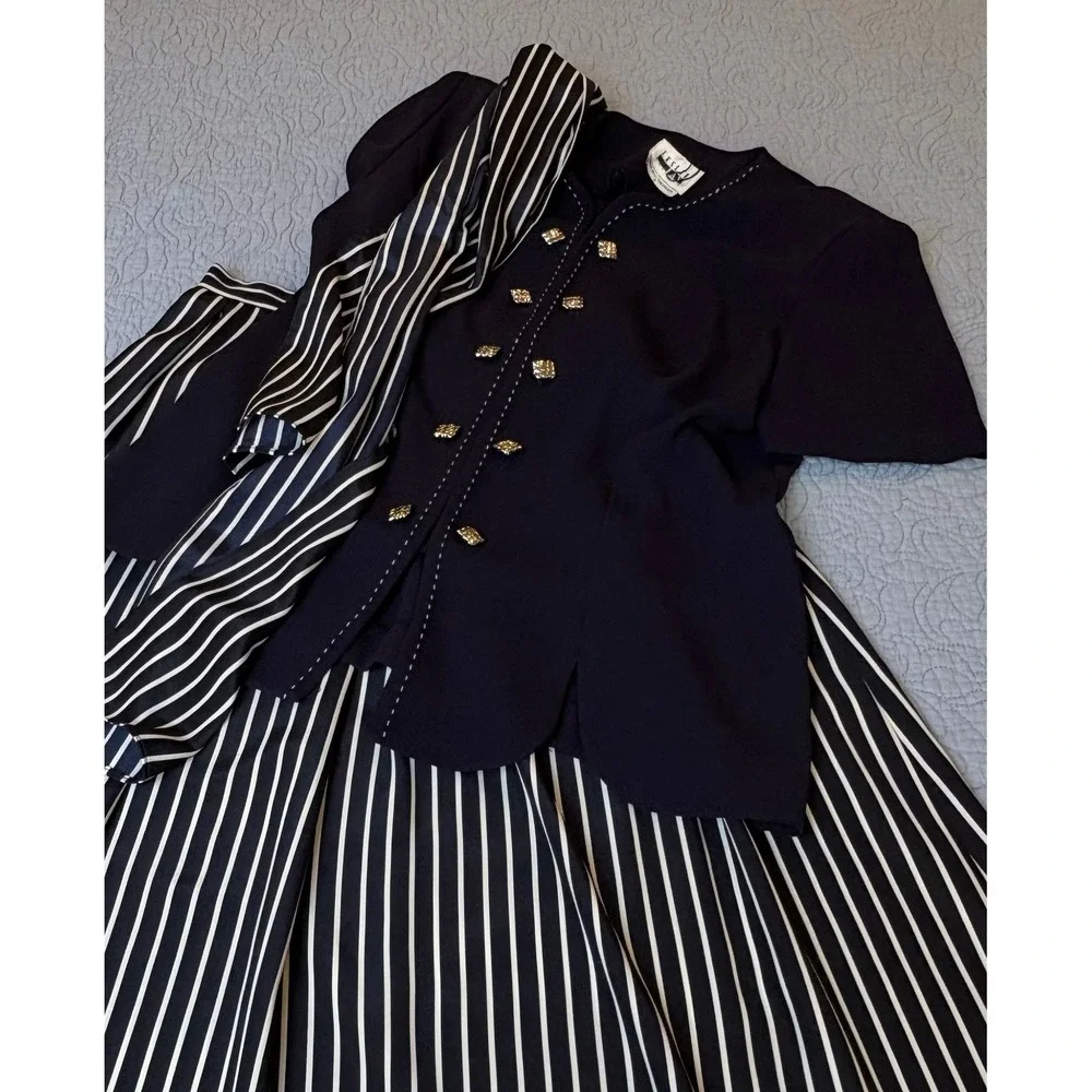 Leslie Fay Navy White Striped 3 Piece Skirt Set Top Scarf Vintage Size 8